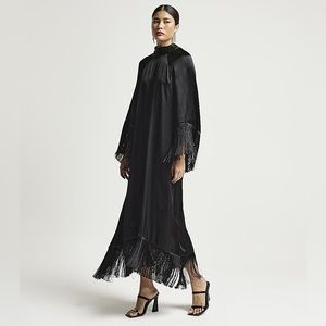 BNWT black RI studio satin fringe maxi